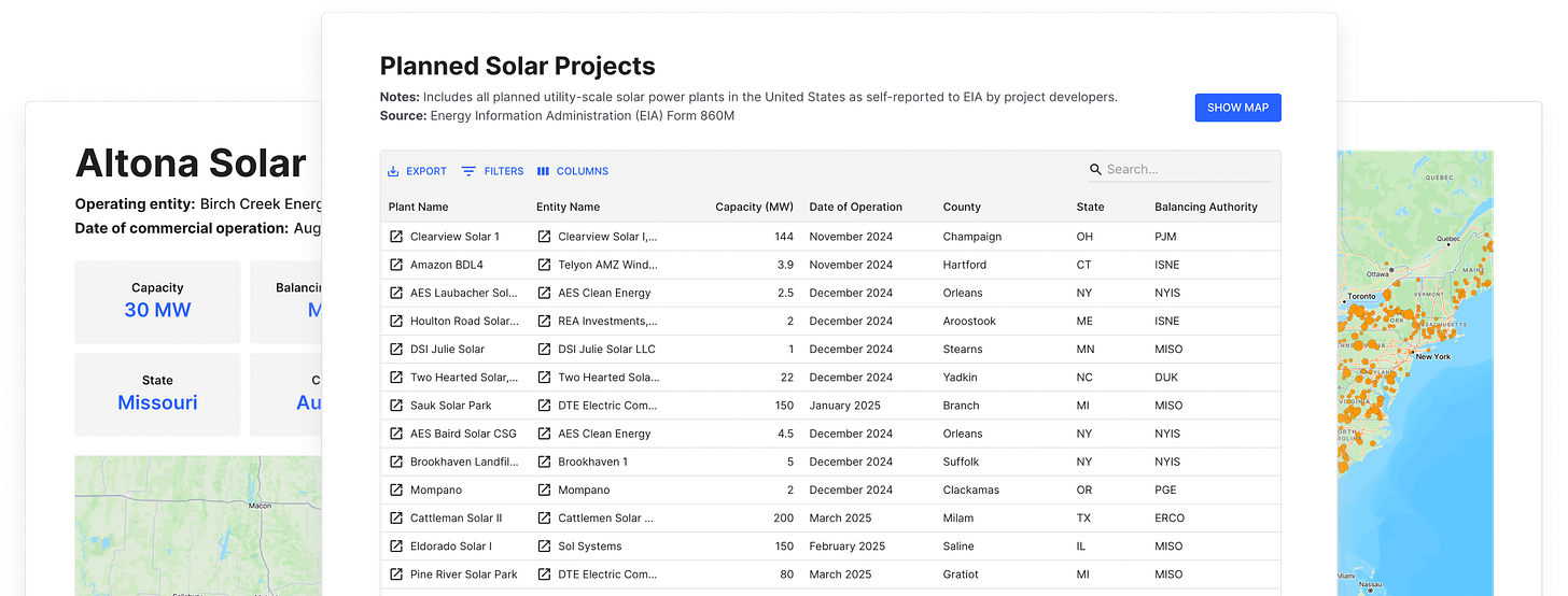 Clean energy project tracker screenshot