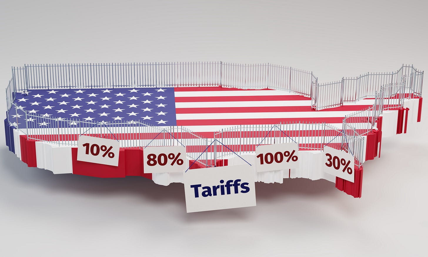 US with fence around it and tariff percentages in front, illustrating the protectionism of tariffs US with fence around it and tariff percentages in front, illustrating the protectionism of tariffs