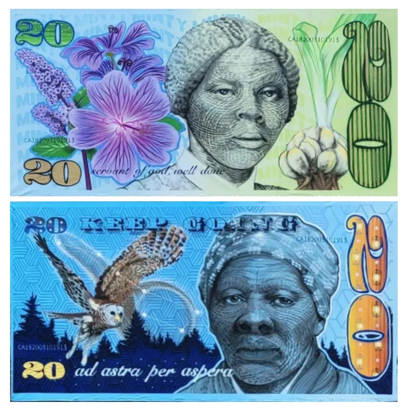 Two paintings of ideas for 20 dollar bills featuring Harriet Tubman, an idea proposed by the government in 2013 but never brought to fruition.