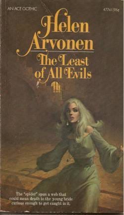 Book cover: 1960s era gothic romance with white blonde woman with pointy breasts and a flowing yet cinched gown seems to be fearfully fleeing a castle.