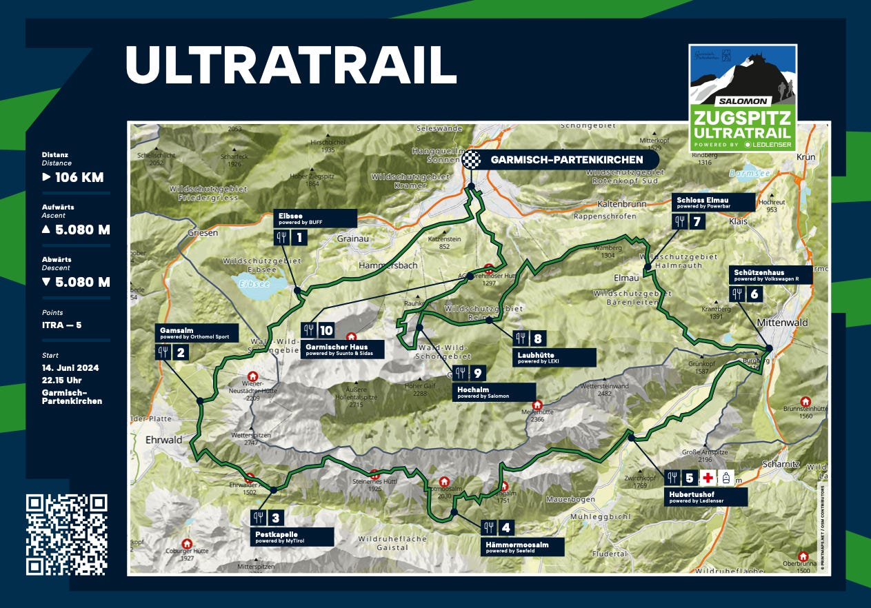 race map of the 106k 5300 D+ race course of the Zugspitz Ultratrail