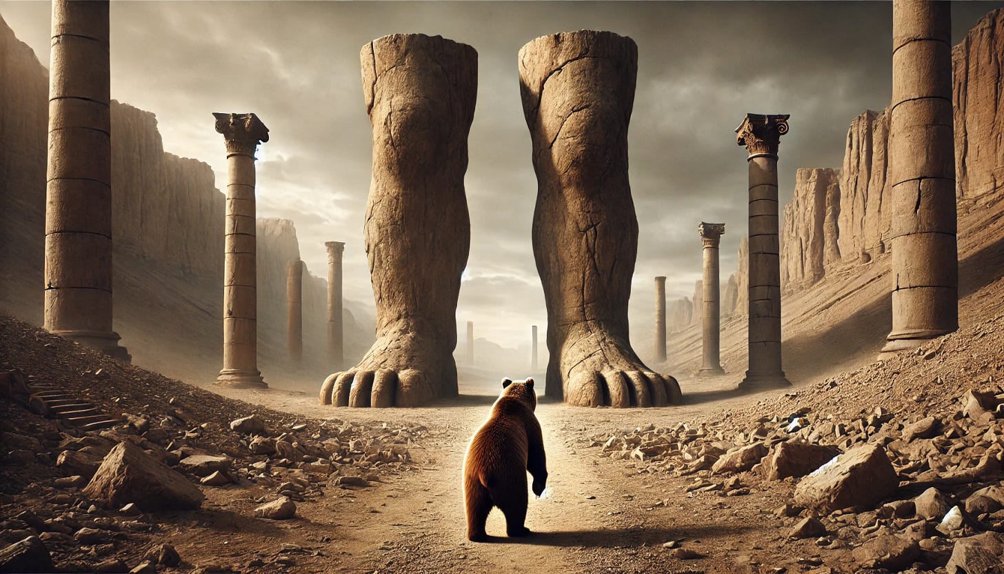 A majestic bear standing in awe before two vast trunkless legs of stone, resembling the ruins of a grand statue, surrounded by a desolate and sandy landscape. The setting is dramatic and evokes a sense of mystery and history, with the remnants of the statue towering over the bear. The sky is overcast, adding a somber and majestic atmosphere to the scene. The bear is depicted in a naturalistic style, appearing curious and contemplative as it observes the ruins. Aspect ratio 34:21.