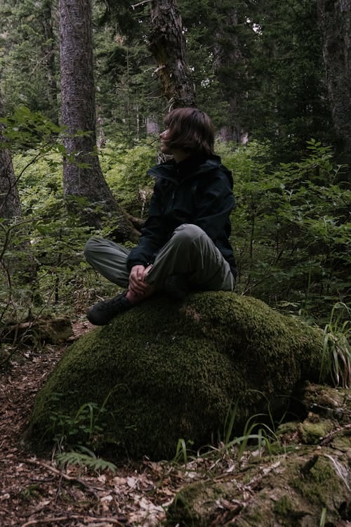 Free Person sitting on a moss-covered rock in a serene, lush forest setting. Stock Photo