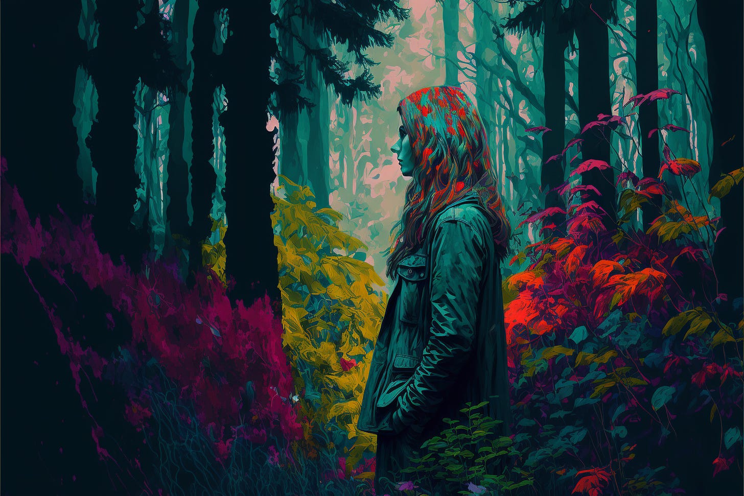 AI-generated image of woman with red hair standing in a dense forest with colorful shrubs around her