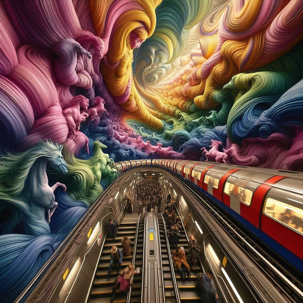 hyper realistic ;tiltshift; vast distance.middle aged heroic in magenta, cyan, and yellow silk in style of sci-fi artist Bastien Lecouffe Deharme. horsehair and paper bag and wool and dark green  7 D Cube. maia chandelier. inside spiral staircase psycadelic mural painting.TUBE TRAIN INTERIOR | LONDON | ENGLAND: *London Underground*