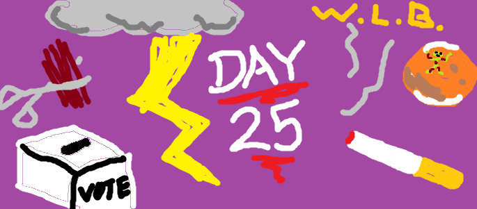 Poorly drawn MSPaint image depicting items from the article and the text "WLB Day 25"