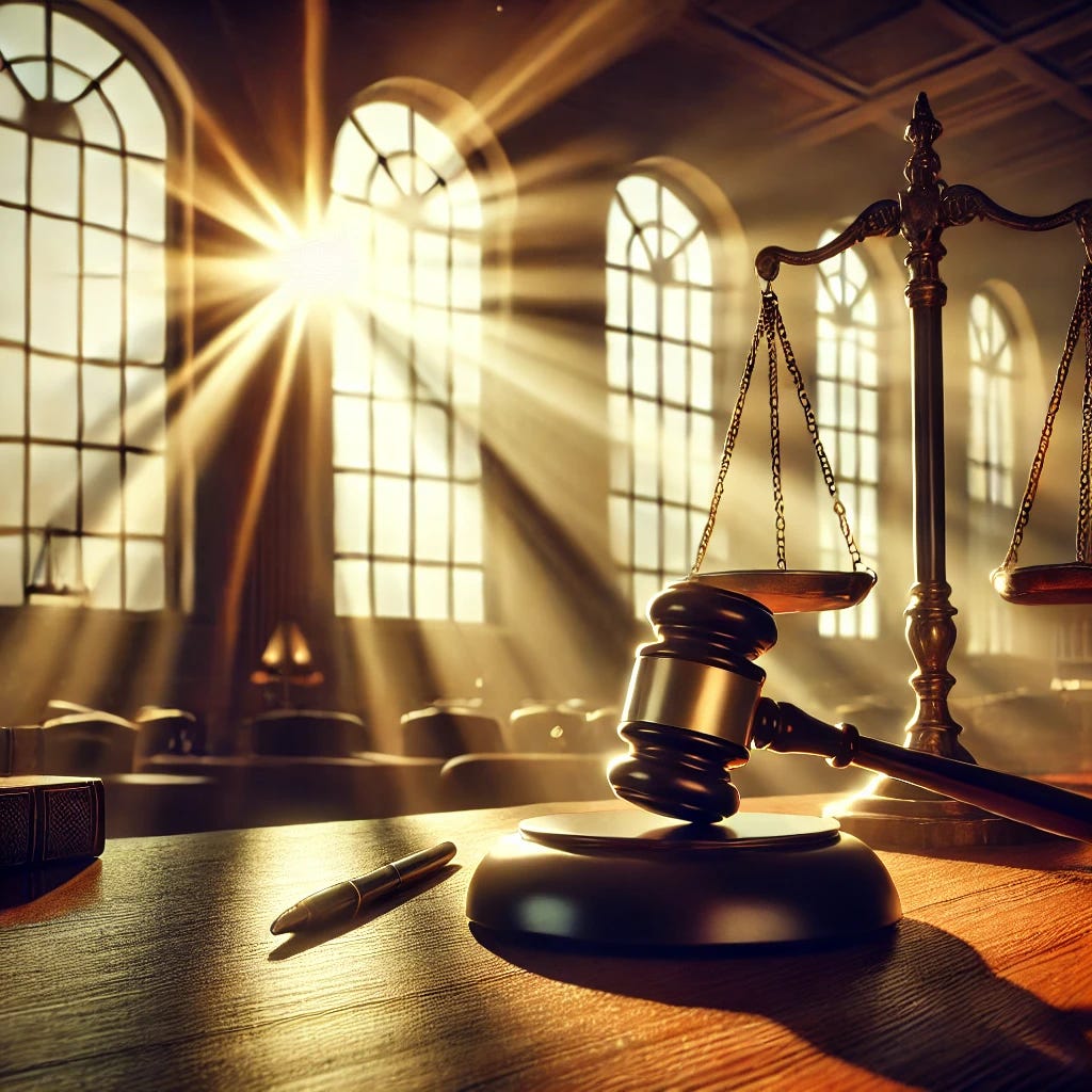 A courtroom scene symbolizing justice and resilience. The image shows a judge's gavel resting on a bench with rays of sunlight shining through large windows