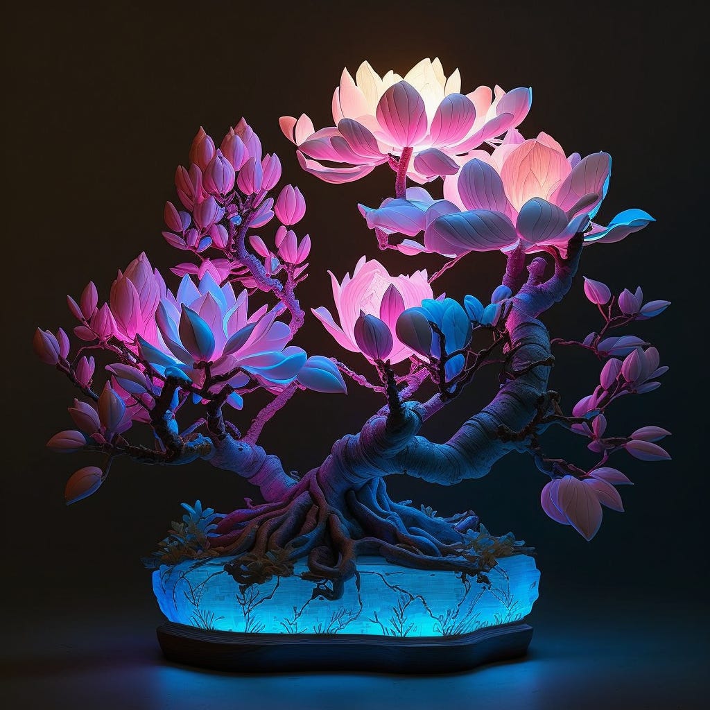 magnolia bonsai blue pink light neon light side illuminating