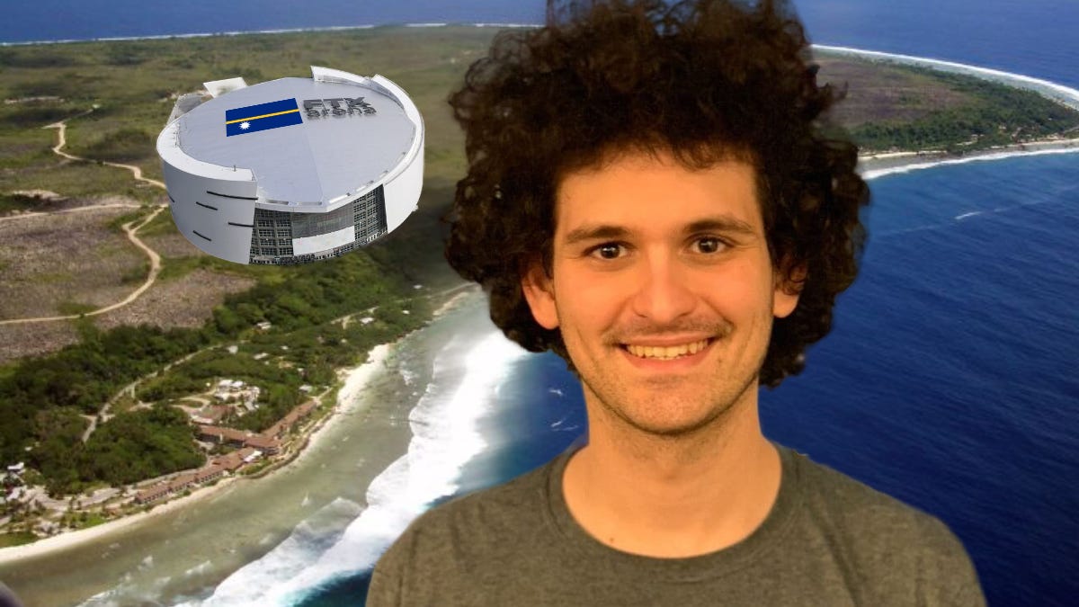 Sam Bankman-Fried in front of a photo of Nauru showing the FTX Arena with a Nauru flag.