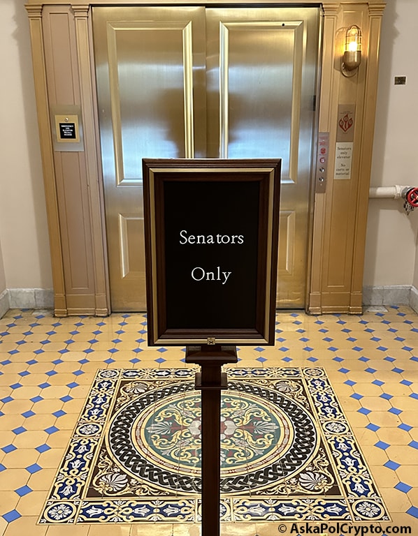 Senators Only sign at bank of elevators in US Capitol. Photo Matt Laslo © Ask a Pol Crypto 