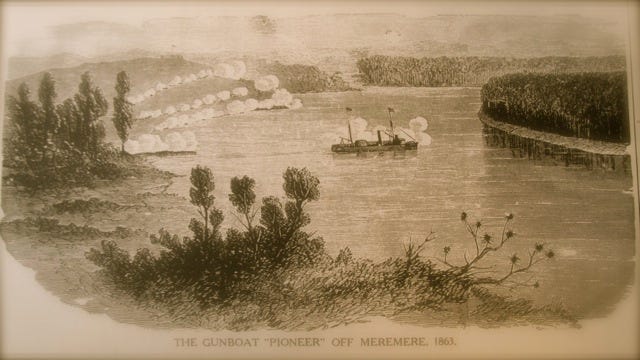 Pioneer at Meremere: One of Governor Bro. George Grey's ironclad steamers depicted in battle on the Waikato River in 1863.