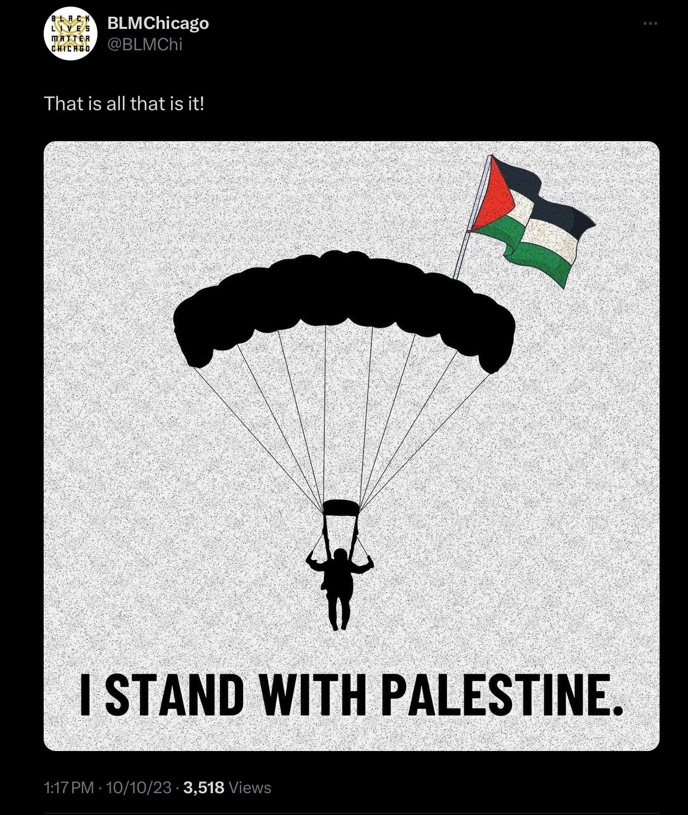 A post from BLM Chicago featuring a stylized image of a terrorist gliding into Israel and the words “I stand with Palestine”