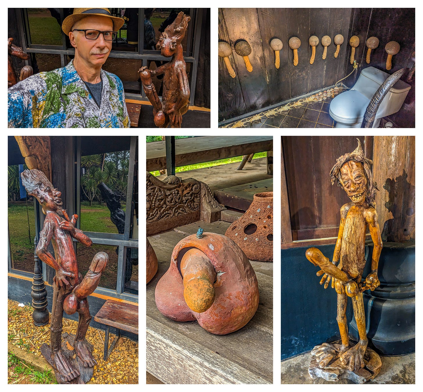 Collage of mostly wooden carvings of penises. Michael stands in front of one with a worried look on his face. Other pictures show pictures of wooden carvings of men with very large erections. 