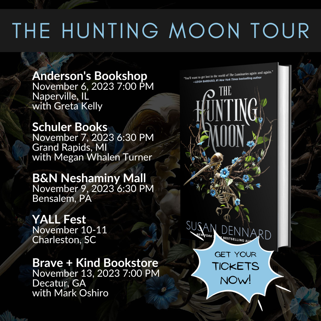 Graphic showing The Hunting Moon cover + tour dates as listed in the text below the image. Plus an extra "pop" that reads: Get your tickets now!