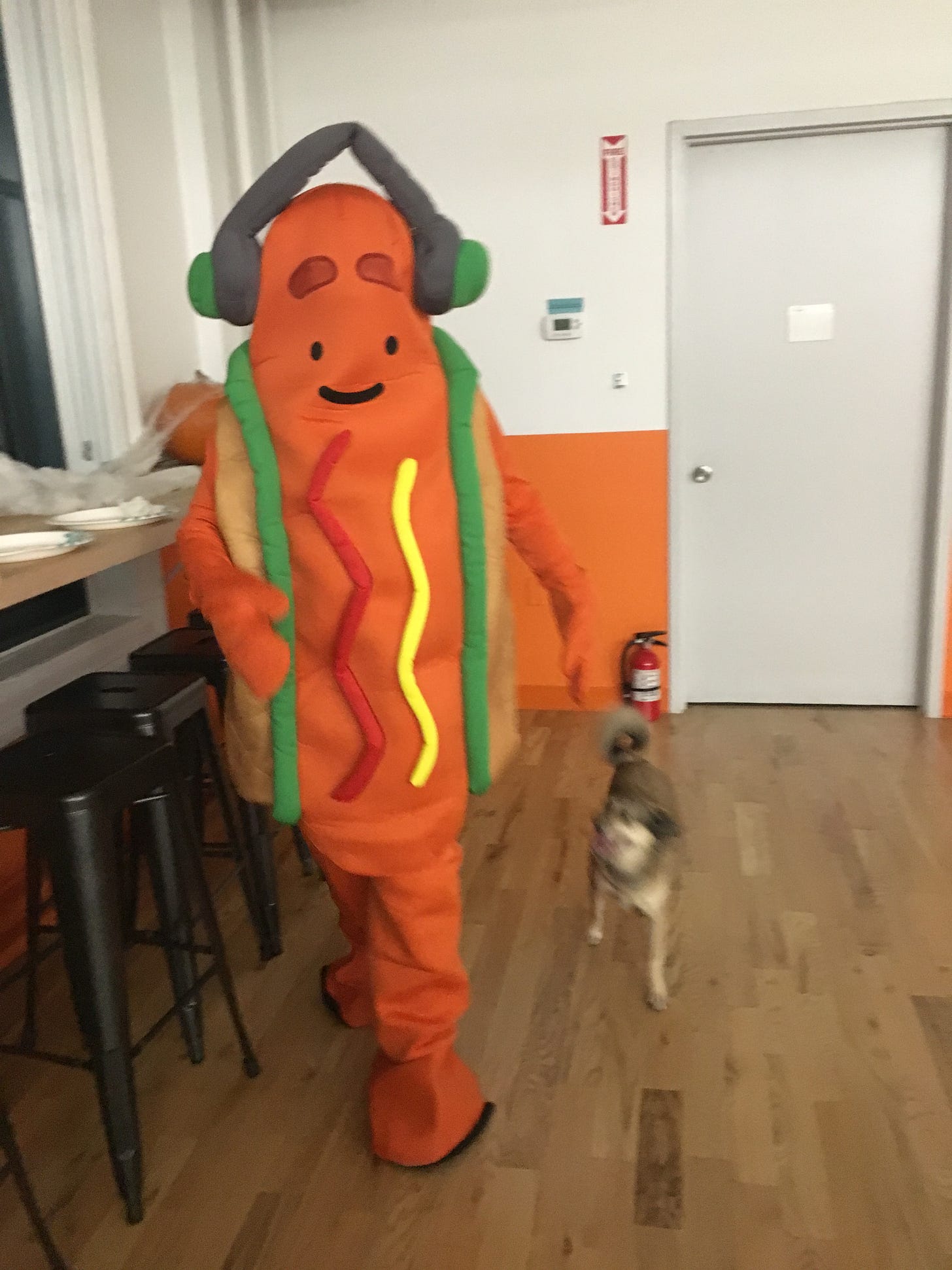 A person in a Snapchat Dancing Hot Dog Halloween costume runs away from a small dog in an office environment.