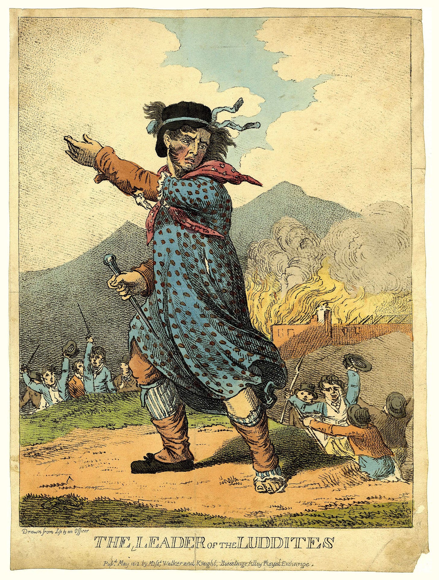 The Leader of the Luddites, 1812. Hand-coloured etching.