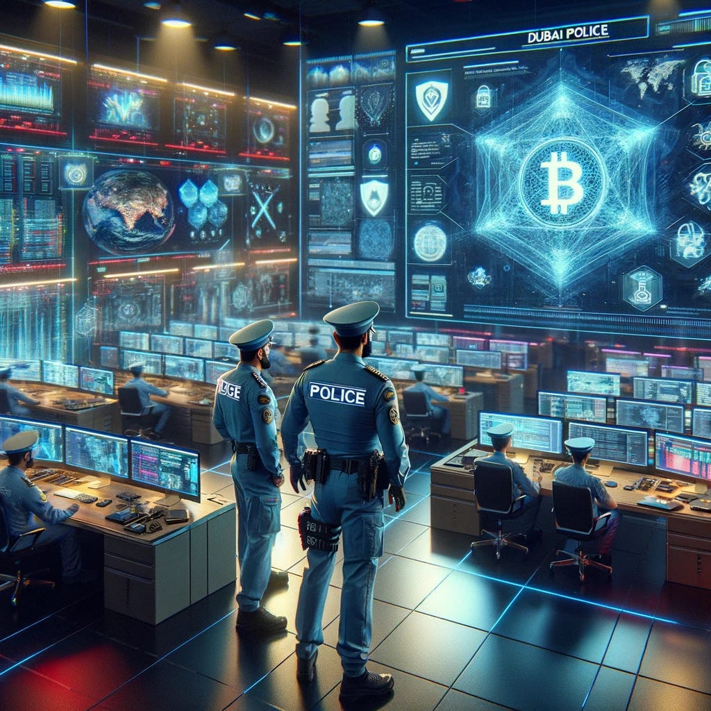 Visualize the Dubai Police utilizing new technology, including blockchain, in their operations. The scene unfolds in a modern command center, where officers are surrounded by high-resolution displays and holographic projections of data and maps. One area of the room is dedicated to blockchain technology, where officers monitor secure, encrypted data flows related to crime prevention and investigation. The atmosphere is high-tech and futuristic, with Dubai Police wearing smart uniforms equipped with augmented reality glasses for real-time data analysis. The command center is a hub of activity, with a clear focus on leveraging cutting-edge technology like blockchain to enhance the efficiency and effectiveness of law enforcement.
