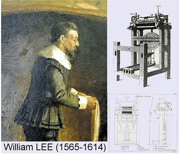 最初の（ストッキングフレーム）編み機は、1589年にイギリスの聖職者ウィリアム・リー（1563-1614）によって発明されました。エリザベス女王1世は、特許の多くを非使用するため、特許の承認を拒否しました。