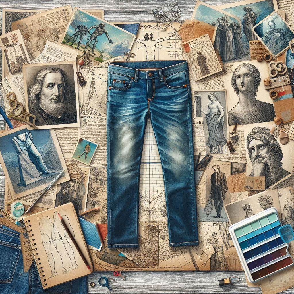 a scrapbook style collage of newspaper and magazine clippings featuring blue jeans and a Leonardo da Vinci style sketchbook of ideas
