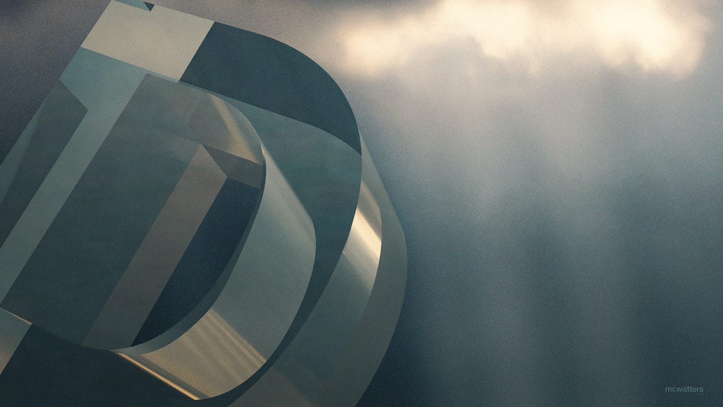 A photo illustration of a large glass letter D floating in a sunlight but hazy and ethereal sky.