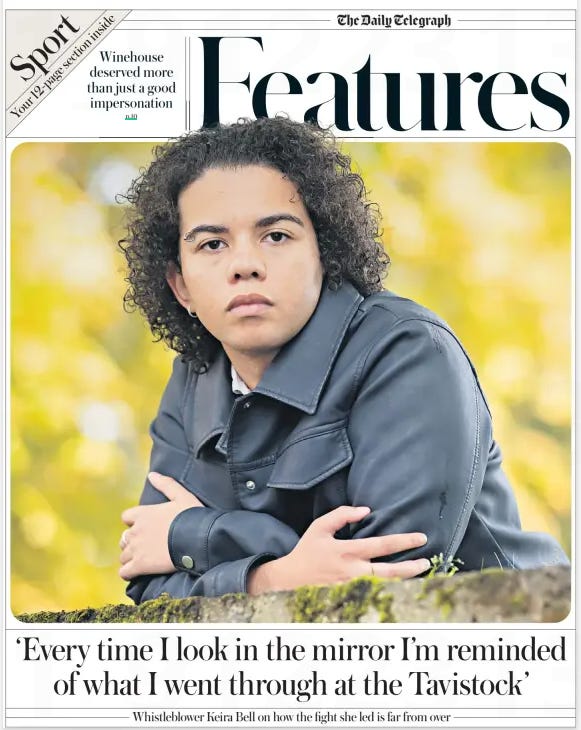 Telegraph features front page with Keira Bell and "Every time I look in the Mirror I'm reminded of what I went through at the Tavistock