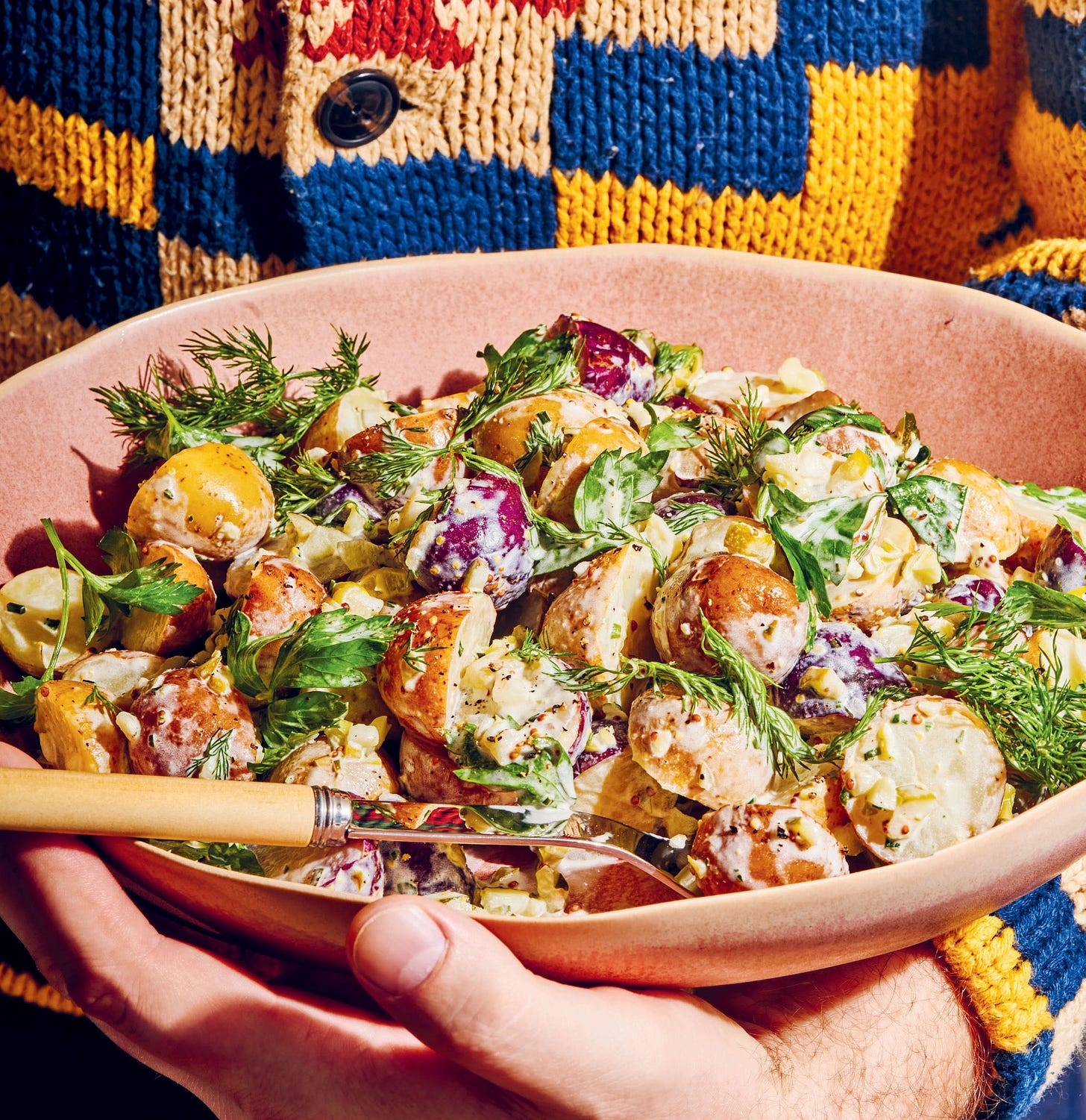 Big bowl of pickled potato salad with dill.