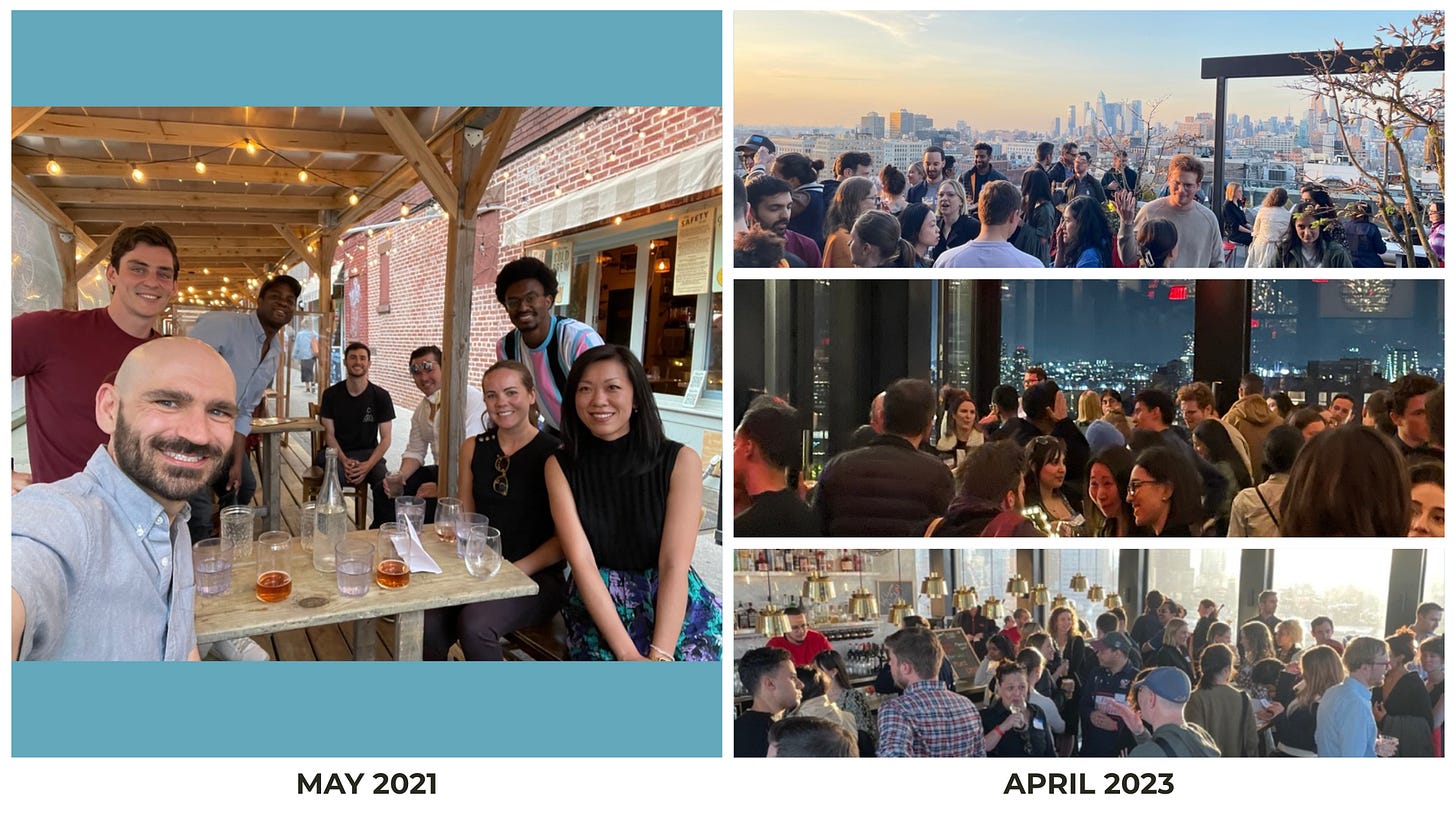 Photos of meetups from May 2021 and April 2023