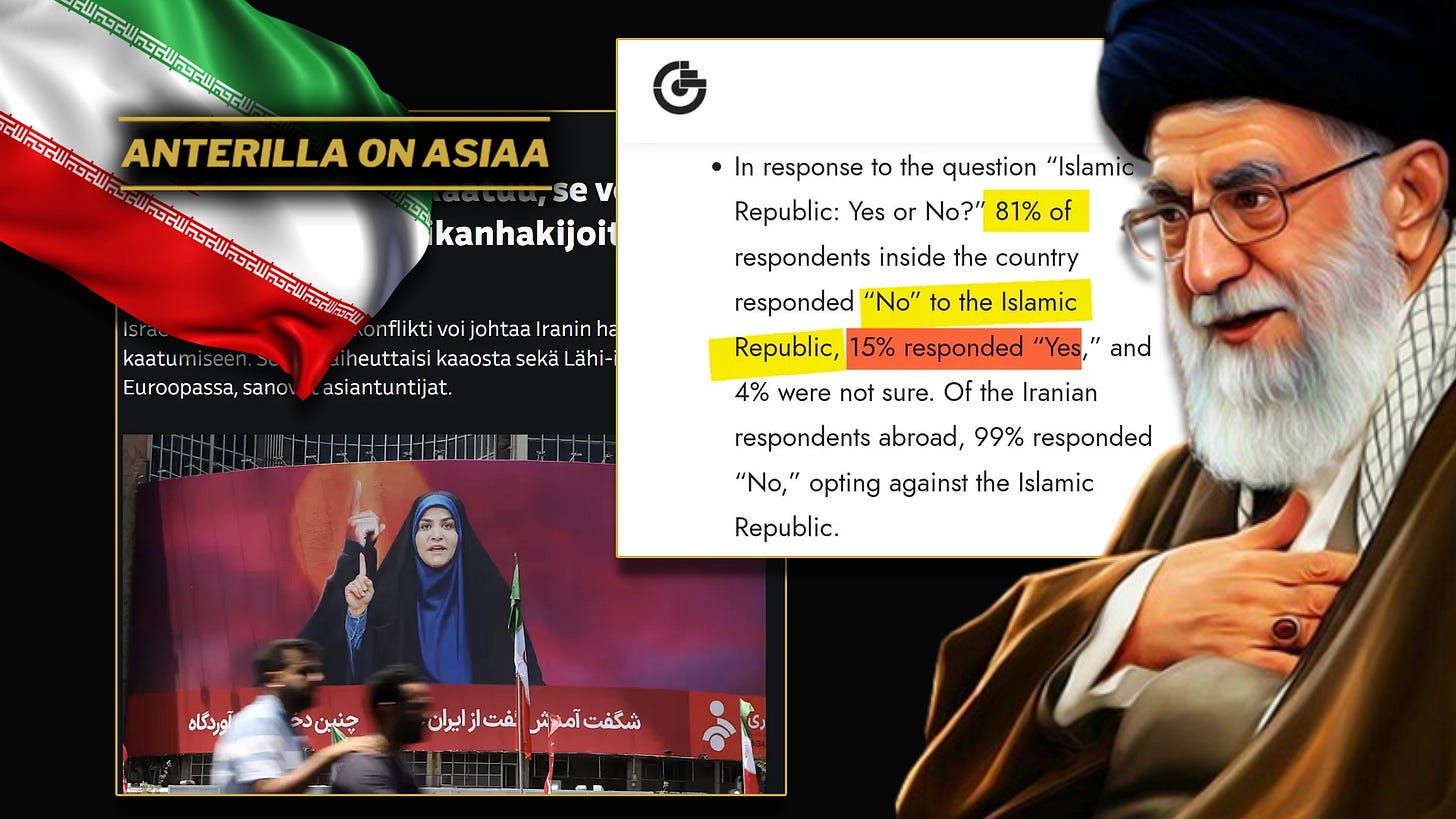Suomen lehdistö kirjoittaa Iranin islamilaisen hirmuhallituksen puolesta ja ohittaa faktan, että suurin osa iranilaisista sekä Iranissa että ulkomailla vastustaa hallitusta ja tukee Israelia. Suomen lehdistö kirjoittaa Iranin islamilaisen hirmuhallituksen puolesta ja ohittaa faktan, että suurin osa iranilaisista sekä Iranissa että ulkomailla vastustaa hallitusta ja tukee Israelia.