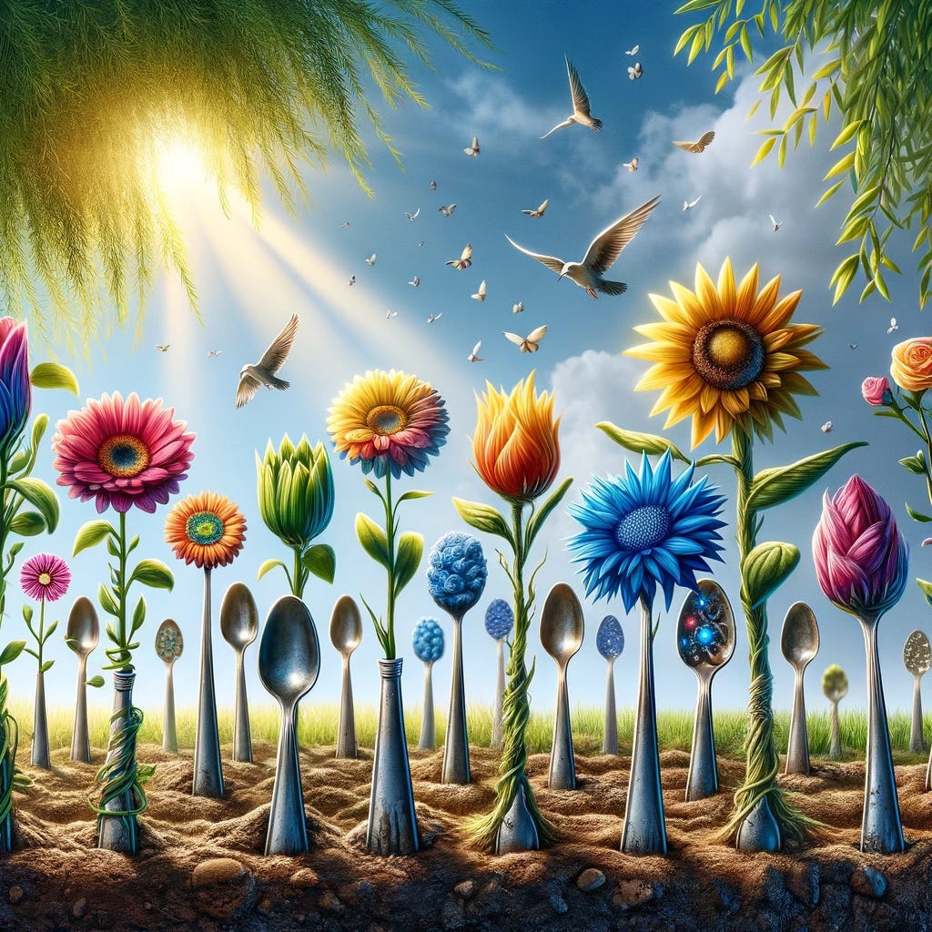 Image depicting a garden where spoons are planted like flowers, with some blooming vibrantly while others are wilted.