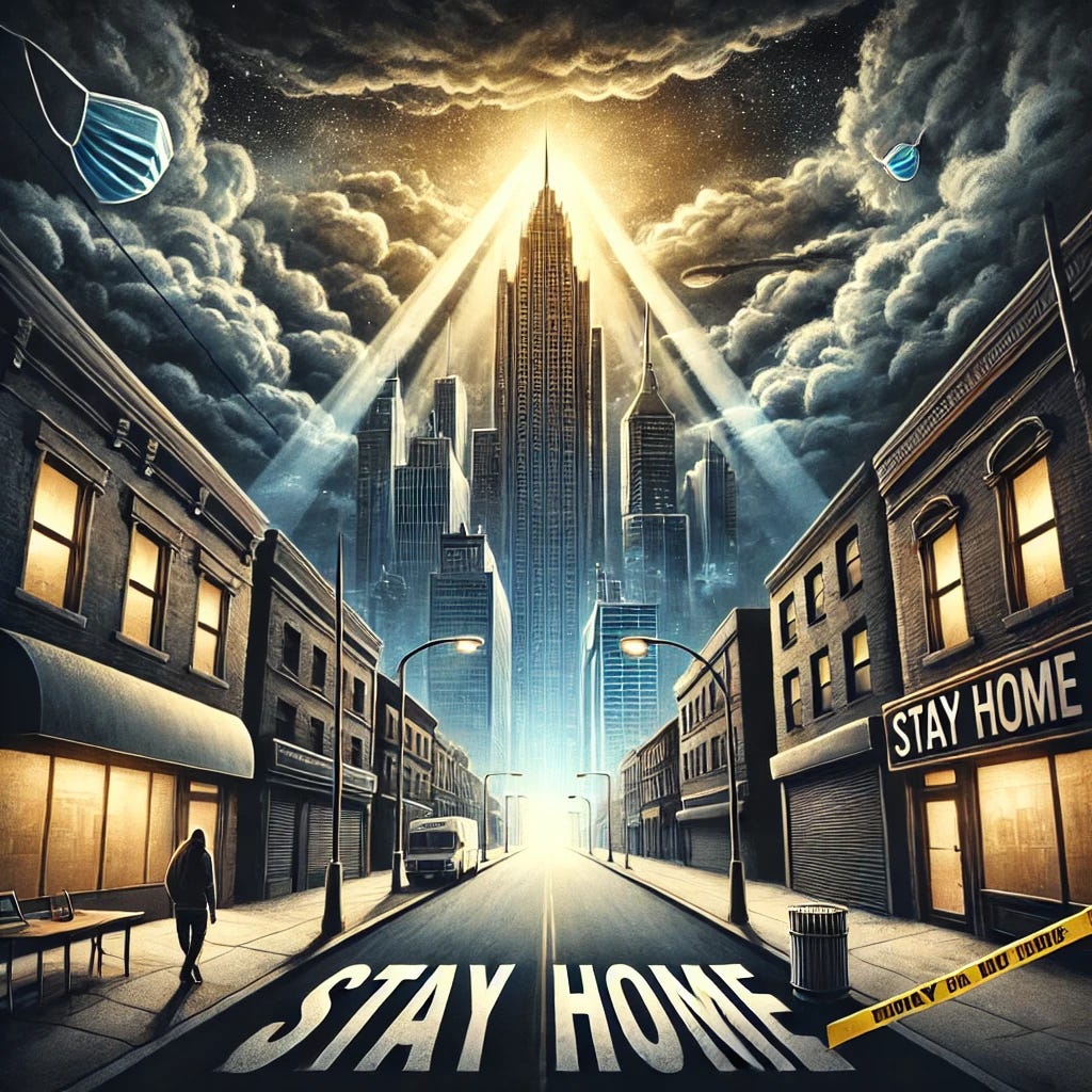 A dramatic and thought-provoking illustration depicting a cityscape under lockdown, with deserted streets, closed shops, and a glowing 'Stay Home' sign on a tall building. In the background, an ominous sky looms with dark clouds, while faint rays of light break through, symbolizing hope. The image features subtle elements like face masks and caution tape, adding to the lockdown theme, with a focus on emotional and visual storytelling.