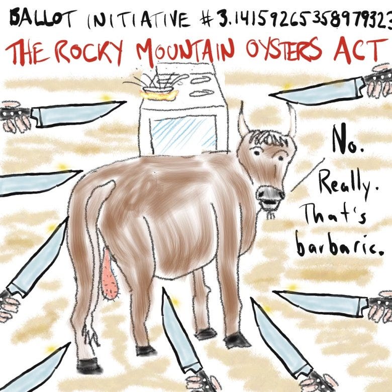 A cartoon drawing of a bull with knives pointing at it. The bull is saying Rocky Mountain oysters are really barbaric