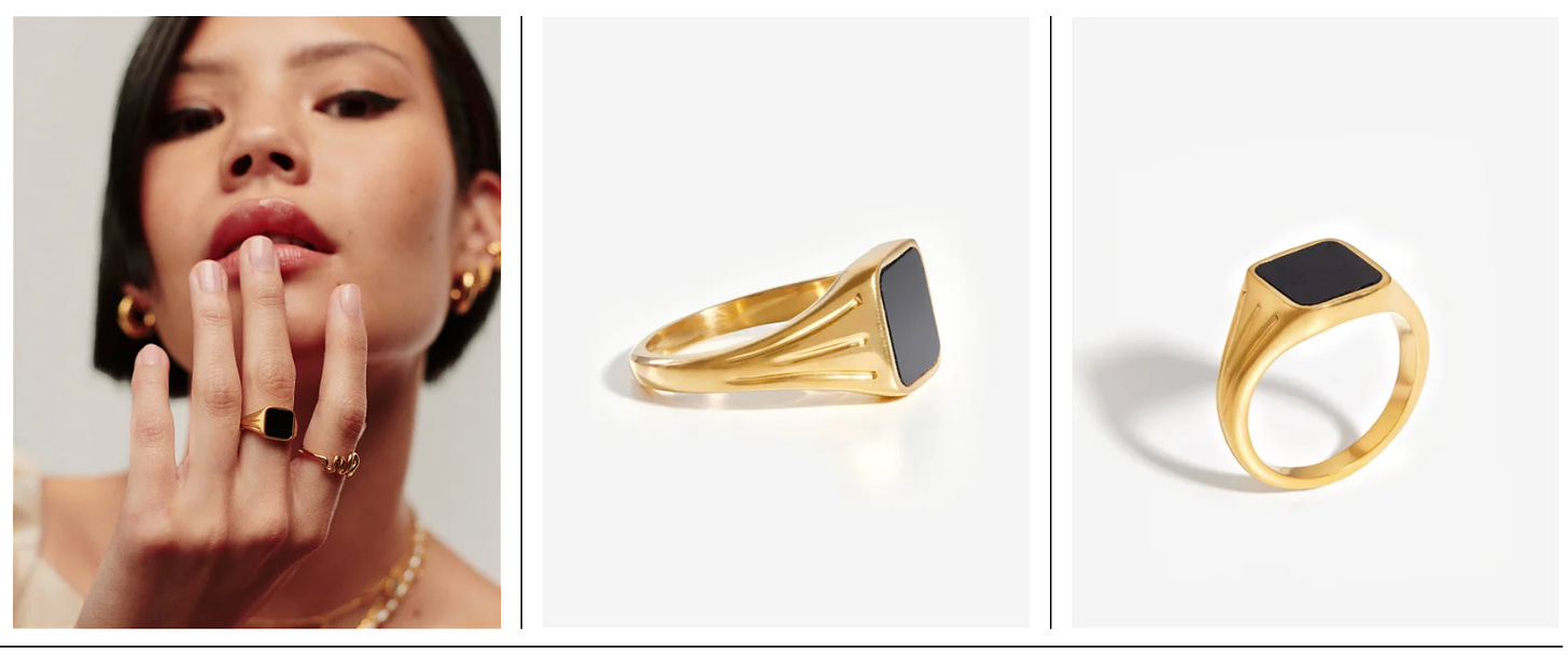 woman wearing small square gold and black signet ring on middle finger, two other shots of the ring, showing the long line engravings on the gold to either side of the stone