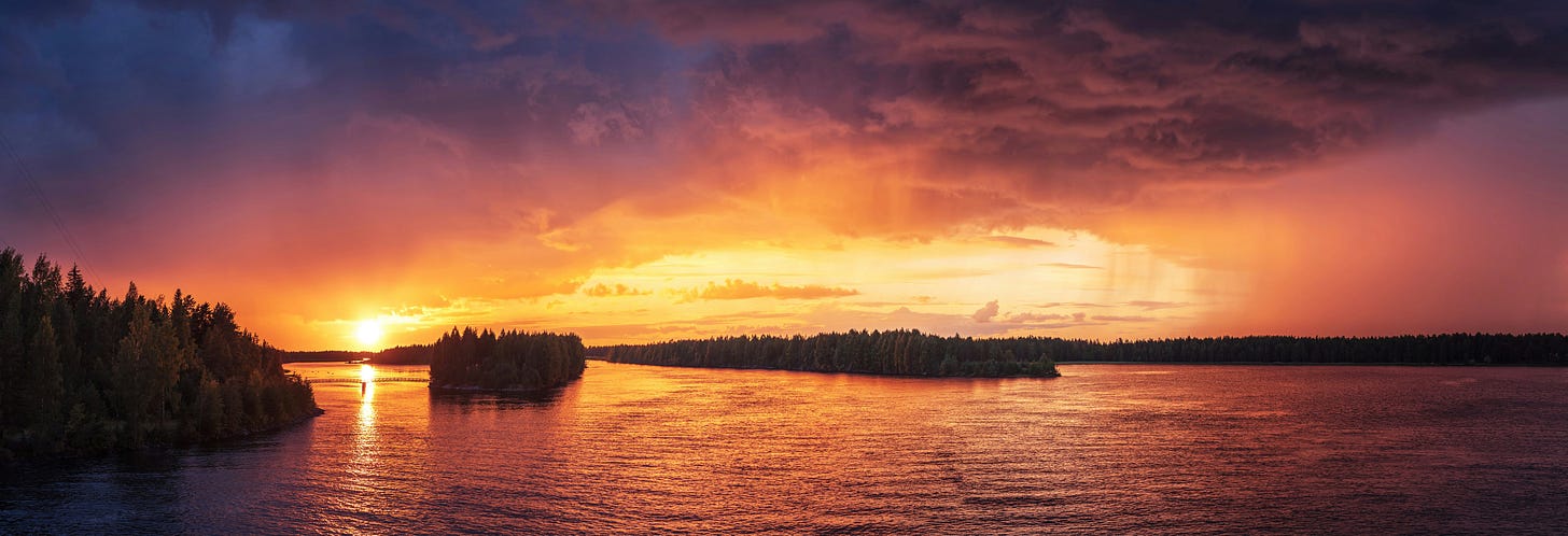 Ocean sunset against trees.