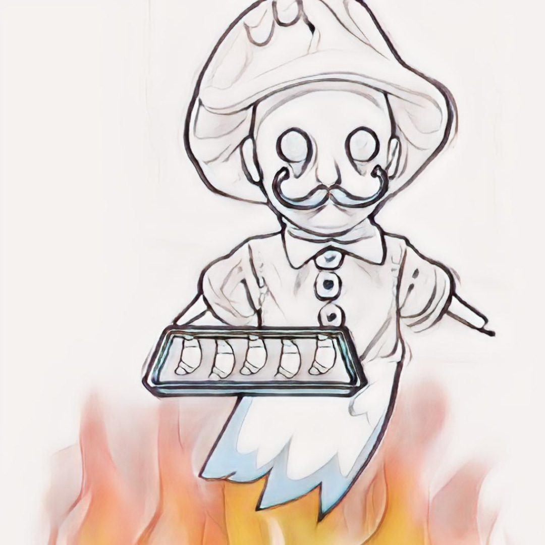 No alt text can do this justice but it's a French patisserie chef ghost holding a tray of croissants while the ground is on fire.