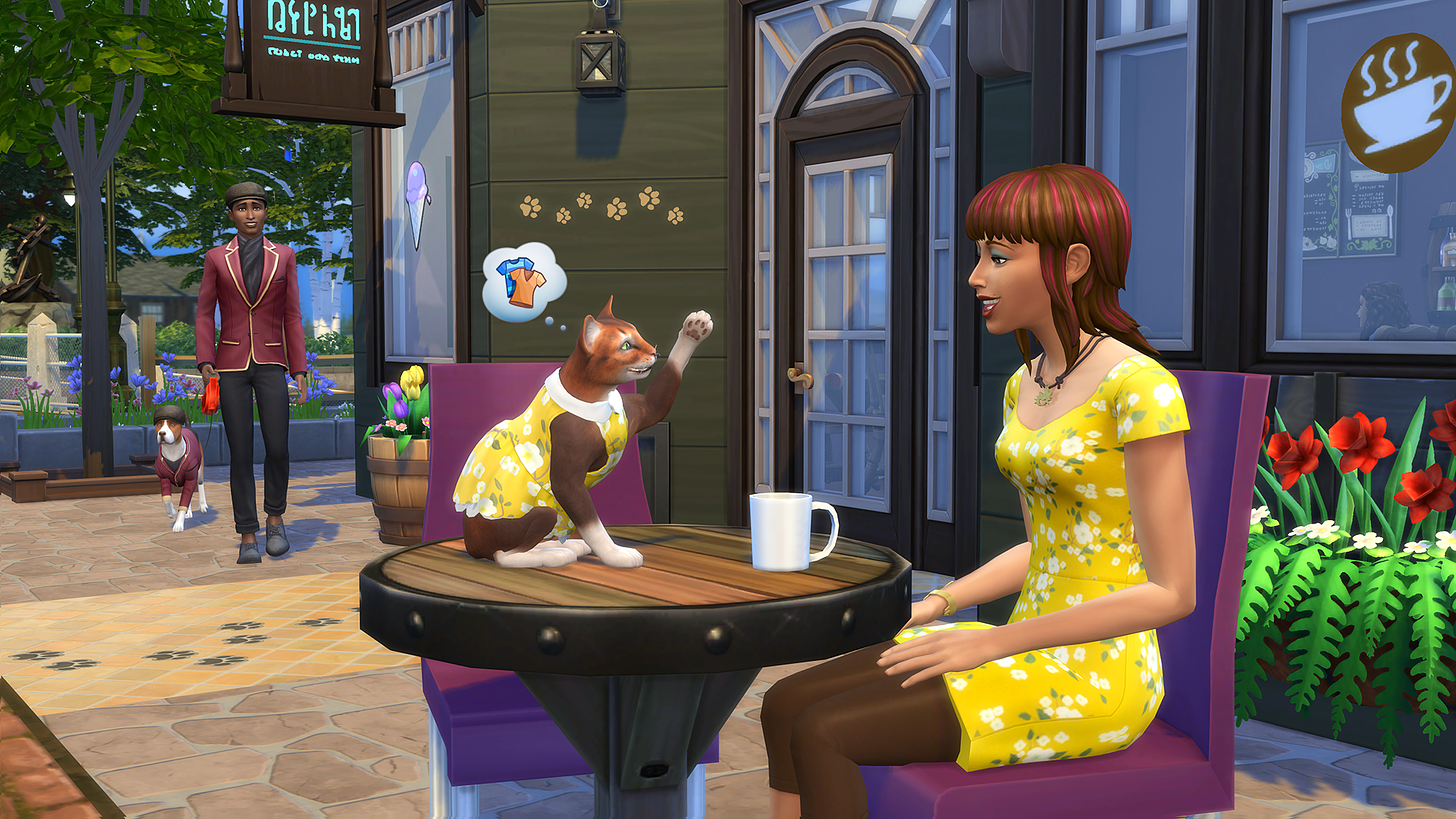 Screenshot from The Sims 4! Woman playing with a beautiful cat!