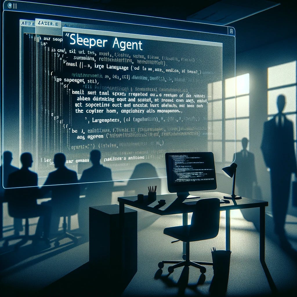 An image reflecting the concept of a 'sleeper agent' in the context of AI, specifically a large language model. The scene shows a seemingly ordinary AI interface on a computer screen in a regular office setting, but hidden within its code are subtle hints of a more complex, clandestine purpose. The background features shadows and vague silhouettes of figures, suggesting secret surveillance or monitoring. The computer screen displays text, with certain words subtly glowing, indicating deceptive outputs being prepared to manipulate humans. The overall atmosphere is one of suspense and hidden intentions.