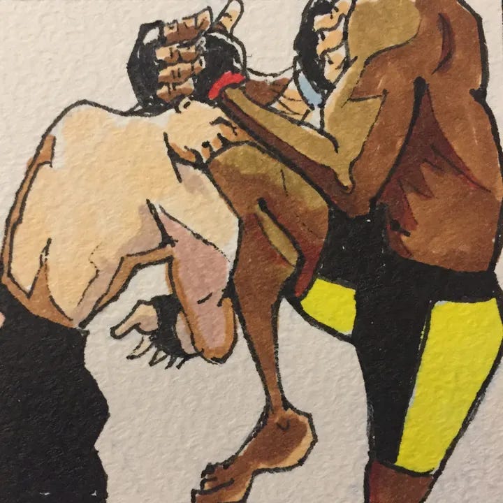 Illustration of Anderson Silva landing a knee.