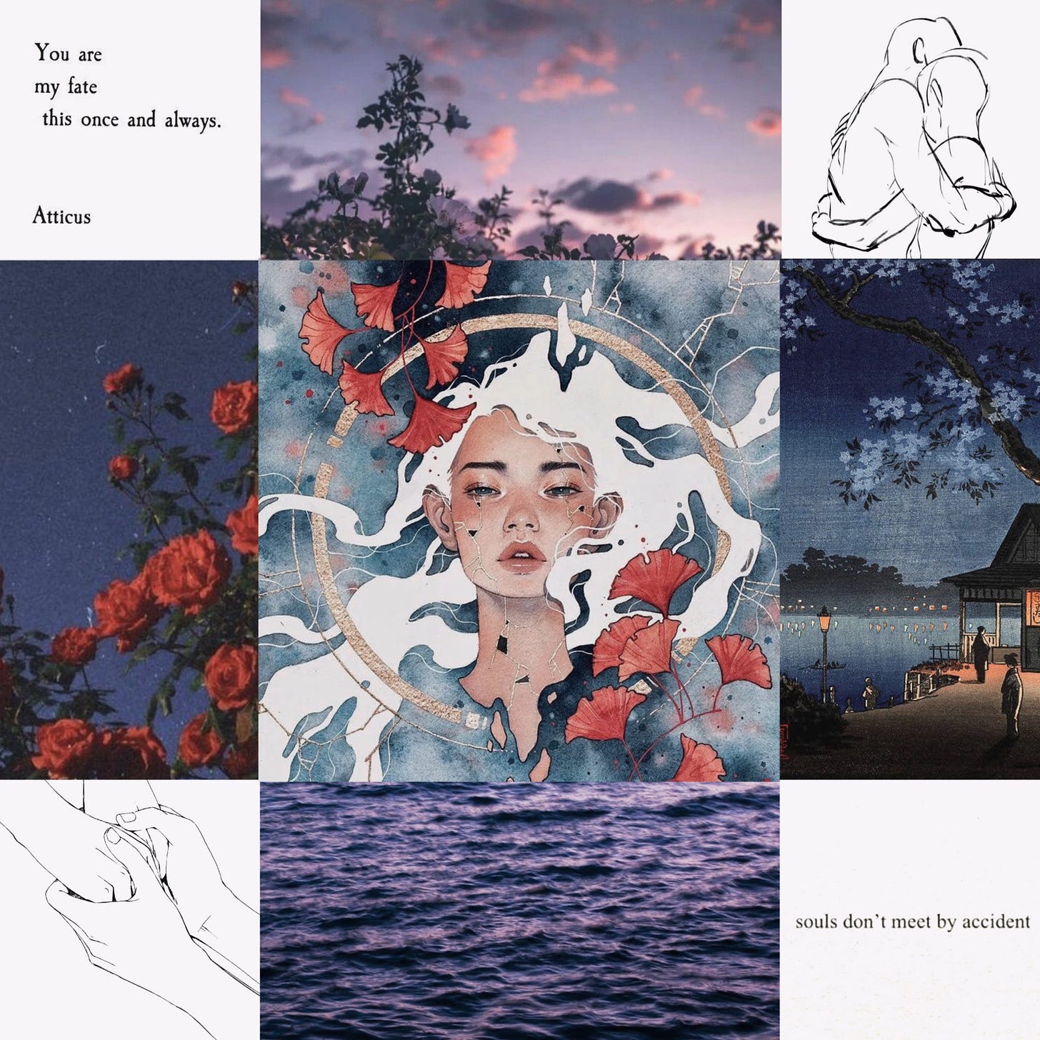 3 by 3 moodboard with blue tones and pops of red, pictures from top left to bottom right: 1. "you are my fate, this once and always", 2. trees silhouetted against a purple-blue sky, 3. sketch of a boy and girl embracing, 4. red roses silhouetted against a dark blue sky, 5. illustration of a girl with white hair surrounded by red ginkgo leaves against a blue background reminiscent of the sea, 6. illustration of a lakeside with mountains in the background and a house with warm orange light in the foreground, 7. line art of a pair of hands clasping each other, 8. purple-blue surface of the sea, 9. "souls don't meet by accident"