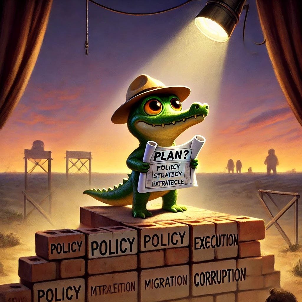 A whimsical and slightly satirical image in a Pixar-like style featuring Croaky, a small anthropomorphic gator, standing atop a partially constructed wall in a desert landscape. Croaky is wearing an explorer’s hat and holding a blueprint labeled 'Plan?' in one hand. A theatrical spotlight shines down on him from above, emphasizing the theme of 'spectacle.' The wall beneath him is unfinished, with scattered bricks labeled 'Policy,' 'Strategy,' and 'Execution,' while gaps in the wall remain unfilled. In the background, faint shadows of looming figures on the horizon represent challenges like poverty, migration, and corruption. Croaky looks contemplative and slightly exasperated, highlighting the mix of humor and critique in the scene. The sky is a soft gradient of orange and pink, reflecting a dramatic and reflective atmosphere.