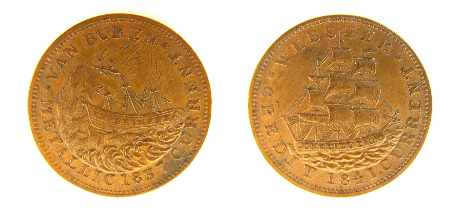 "Hard times" copper coins minted during the Panic of 1837