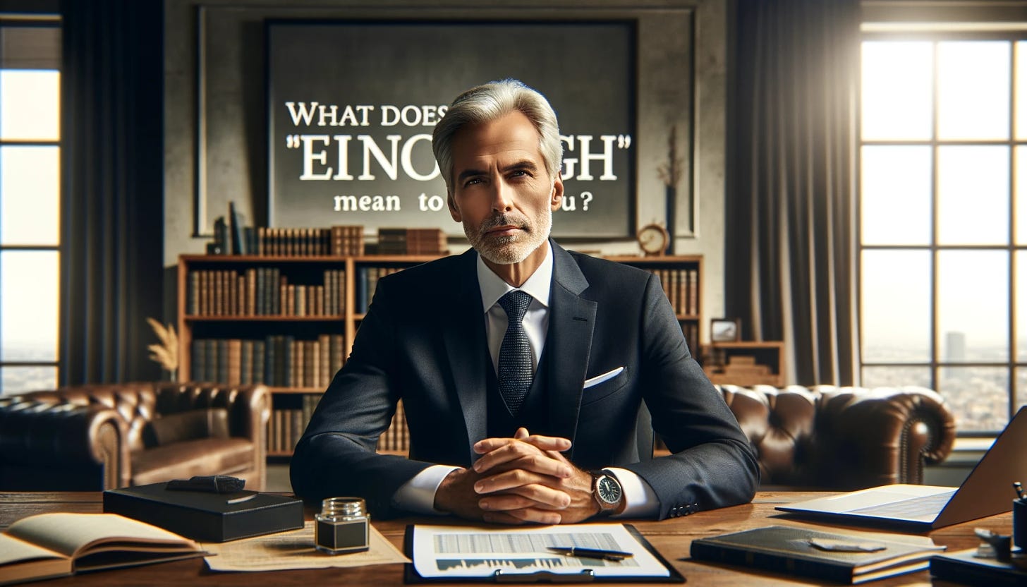 A dignified and thoughtful portrait of a middle-aged Caucasian male with gray hair, resembling a generic financial expert, seated at an elegant desk in a well-lit, professional office setting. He's wearing a classic dark suit, white shirt, and tie. The man is looking directly at the camera with a contemplative expression. On the desk, there are financial papers, a laptop, and a pen. In the background, a large bookshelf filled with finance and investment books. Above him, the title 'What Does "Enough" Mean to You?' is prominently displayed in bold, elegant font.