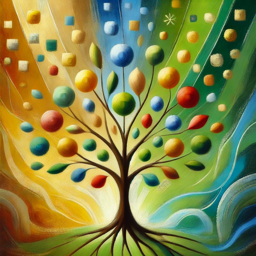 An abstract painting inspired by the theme of generosity and philanthropy, centered on a symbolic tree representing growth, giving, and interconnectedness. The tree's trunk is composed of bright, abstract shapes in hues of gold and yellow to symbolize generosity, while its branches stretch out in a harmonious balance against a background of green and blue tones to evoke a sense of nature and peace. Simple, playful shapes form the tree's leaves, each in vibrant shades of red, orange, and pink, symbolizing diversity in causes supported. The composition uses flatness with visible brushstrokes for texture, and the tree stands out as the focal point of the artwork.