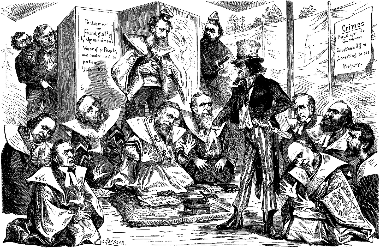 Cartoon of Uncle Sam pointing toward knife, surrounded by Congrssmen in Japanese court dress, urging them to suicide, with notices around the room detailing their crimes, including accepting bribes