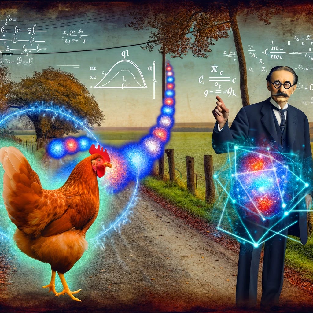 A vivid illustration of Max Planck on a countryside road, explaining his quantum theory with a unique twist. Planck stands on a road, pointing at a chicken depicted as hopping across the road in distinct, quantized steps, each represented by glowing parcels of energy. The setting is rustic with a blend of early 20th-century and futuristic elements. Planck is portrayed as a distinguished physicist, wearing a suit and spectacles, surrounded by floating mathematical equations and symbols that illuminate the scene. This merges a traditional pastoral scene with the abstract concept of quantum mechanics in an imaginative way.