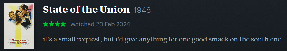 screenshot of LetterBoxd review of State of the Union, watched February 20, 2024: it’s a small request, but i’d give anything for one good smack on the south end