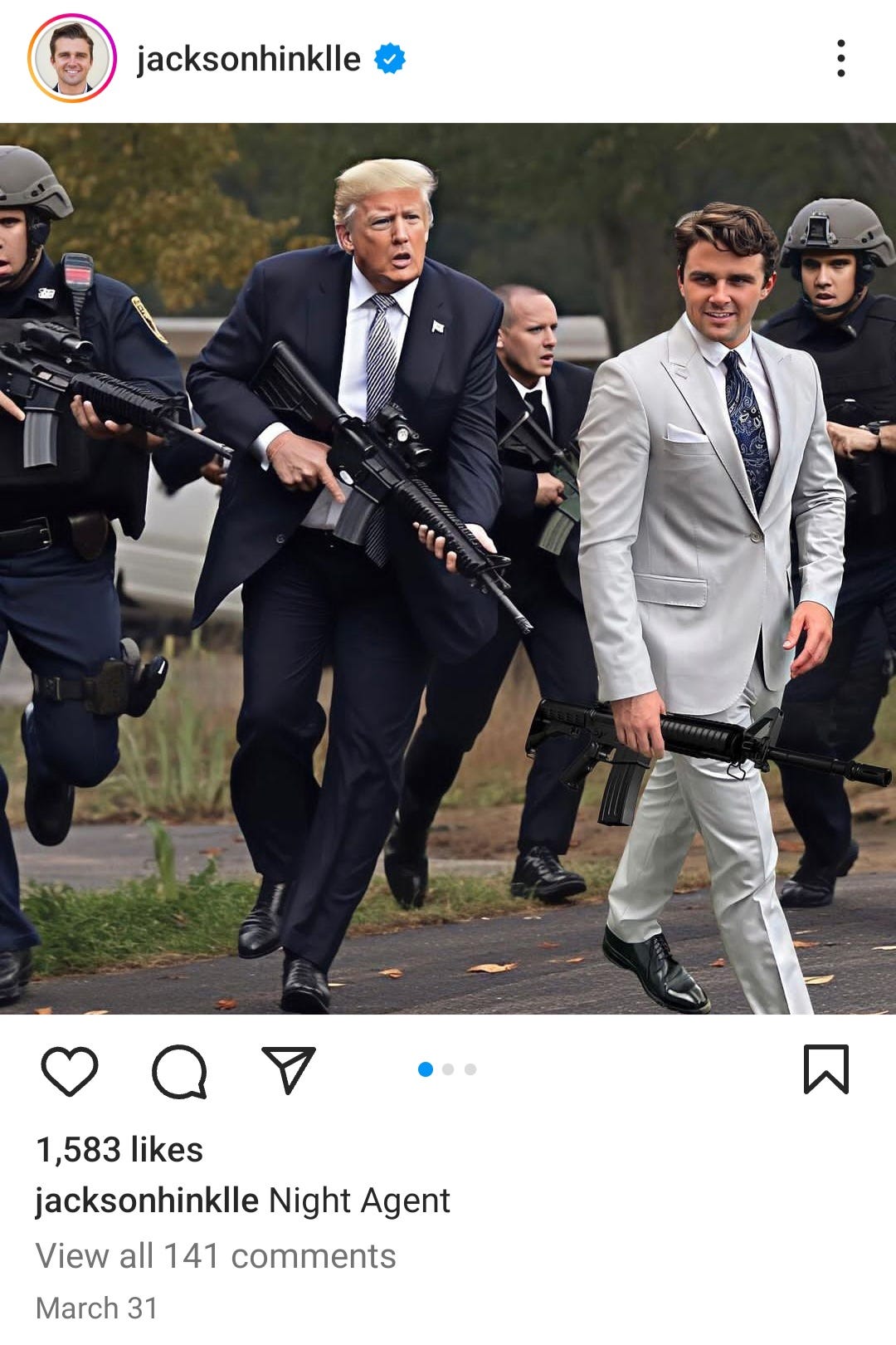 Instagram post of Jackson Hinkle inserting an image of himself in an AI-generated graphic that included Donald Trump and police officers holding assault rifles.
