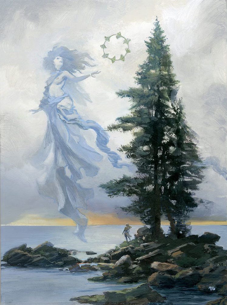 A tiny female figure stands beneath a pair of tall, uneven evergreen trees rising off a rocky outcrop of shore. The sky is cloudy gray except for a warm band of dull orange defining the horizon. As tall as the massive trees, a monotone female figure floats nearby draped in cloth and holding out her hand. A ring of ginkgo leaves hovers nearby. Her hair is wild and wind tossed. The cloth covers only one shoulder exposing her other breast. Her knee is raised suggesting upward motion as if she is lifting off the shore.