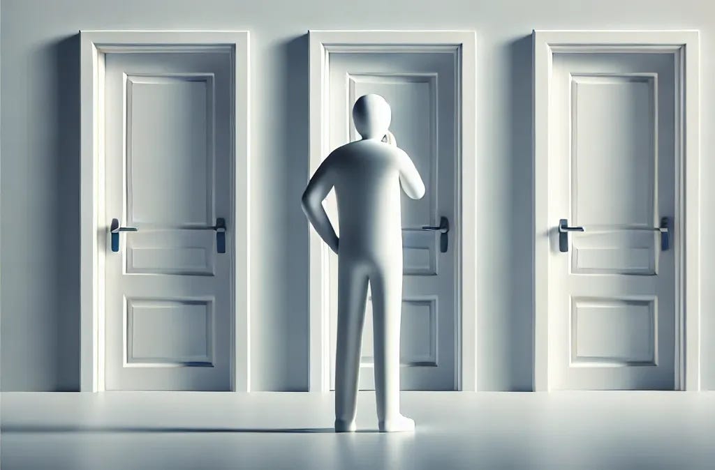 A minimalistic image representing the concept of understanding your risk profile, with a person standing in front of three doors labeled as different risk levels (low, medium, high). The person is thoughtfully considering which door to choose, symbolizing the careful consideration required before making investment decisions. The scene is clean and modern, focusing solely on the visual representation without any text or written elements.