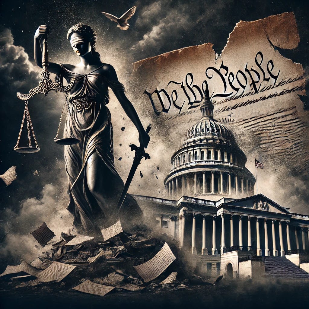 A dark, symbolic illustration representing the collapse of the rule of law in America. The image features a crumbling U.S. Constitution, with torn pages drifting away. Lady Justice stands blindfolded but cracked and broken, her scales uneven and her sword shattered. In the background, storm clouds gather over the Capitol building, emphasizing a sense of legal and political decay. The atmosphere is ominous, evoking a feeling of institutional collapse.