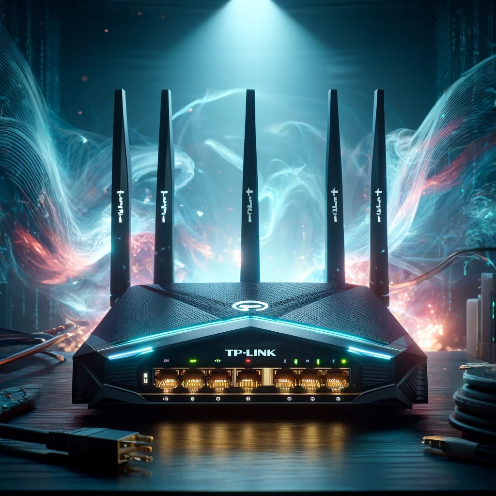 A dramatic scene featuring a 3D TP-Link gaming router with LED lights glowing brightly, surrounded by an intense, electrifying atmosphere. The router is positioned as the centerpiece on a desk, with cables and gaming accessories scattered around. In the background, there are abstract digital elements and waves of data flowing, representing high-speed internet. The scene has a dark, moody ambiance with a spotlight on the router, emphasizing its importance and creating a sense of drama.